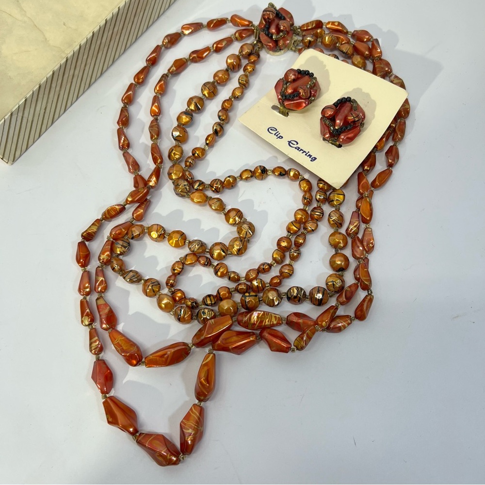 Vintage Multi Strand Necklace & Clip On Earrings 
made in Hong Kong